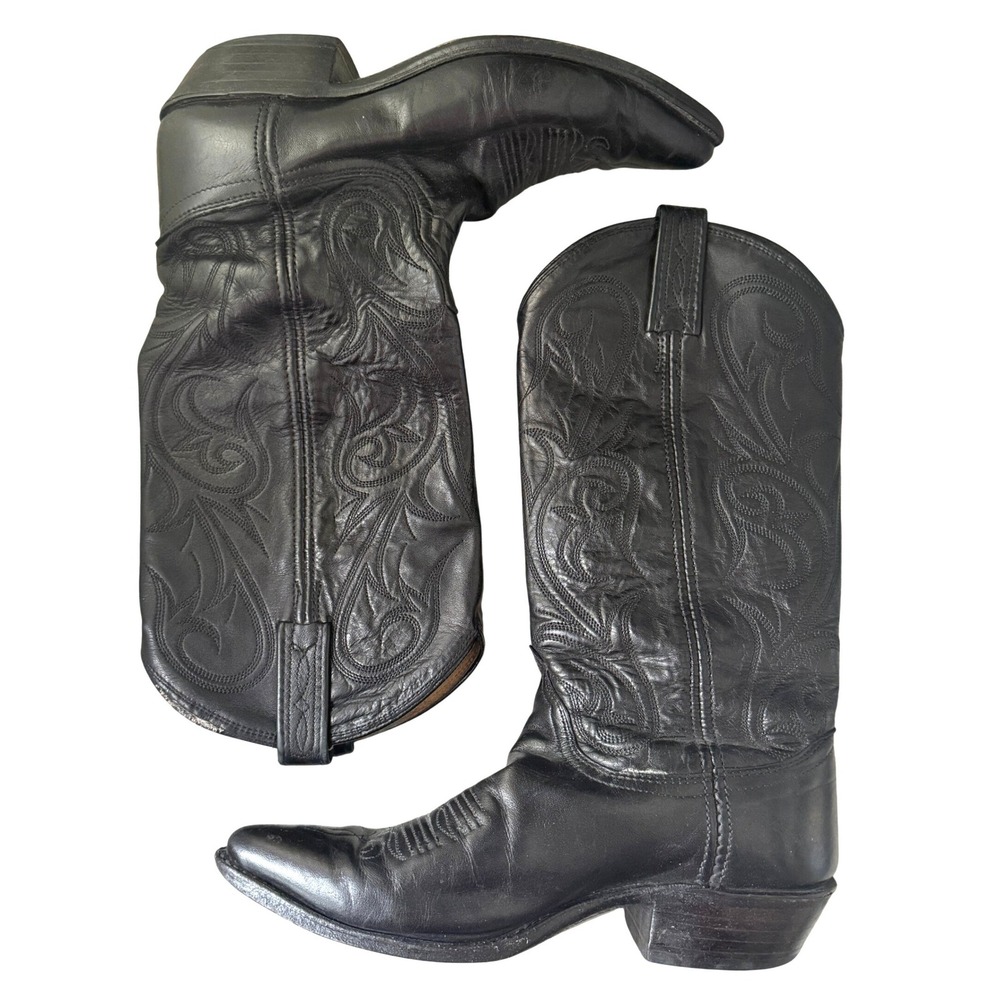 Vintage‎ Dan Post Black Leather Western Cowboy Boots Pointed Toe Made in USA 6M